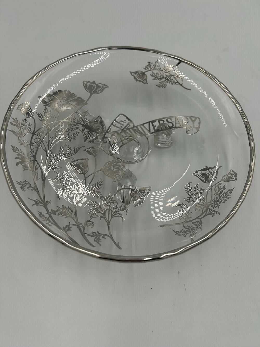 Vintage clear glass footed dish or bowl with a silver floral 25th Anniversary